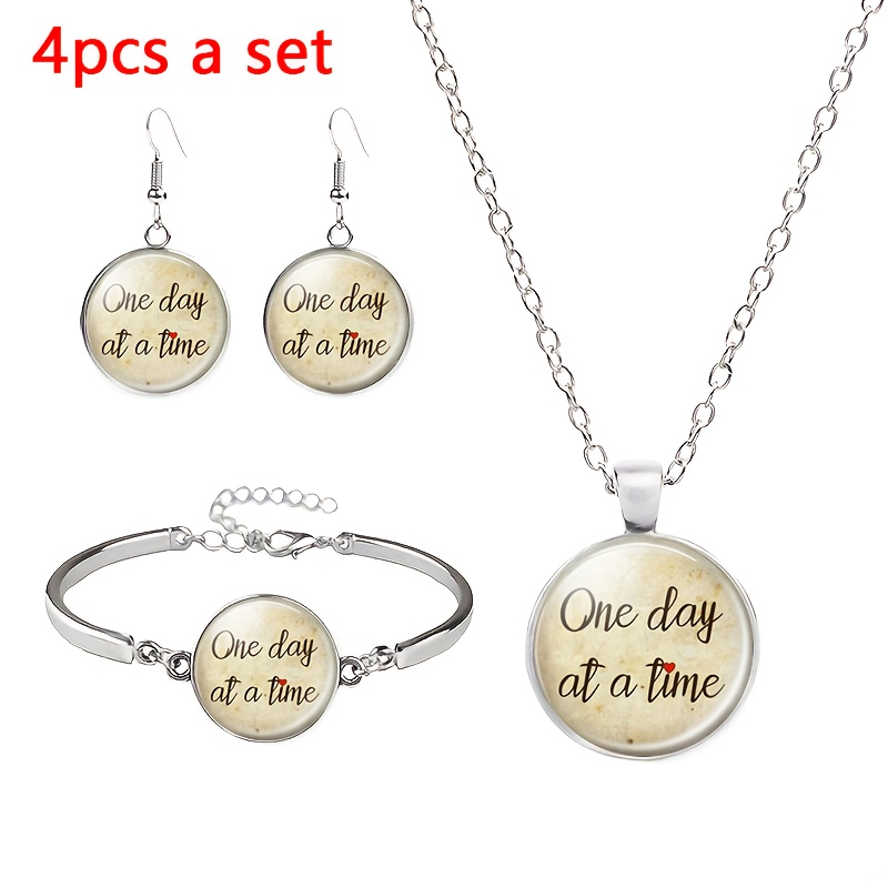 4pc Retro Badge Design Jewellery Set, Necklace, Bracelet & Earrings